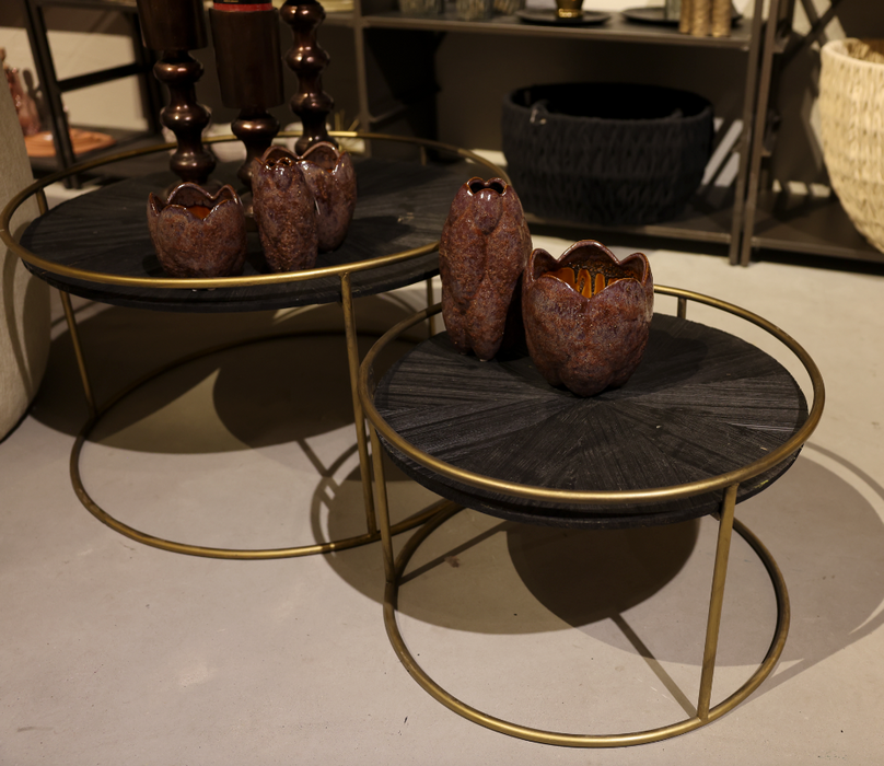 Carry Black Wood salontafel rond goud frame - Set van 2
